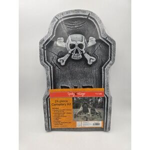 Spooky Village 24 Piece Halloween Cemetery Kit Tombstones Skull Fence Rats